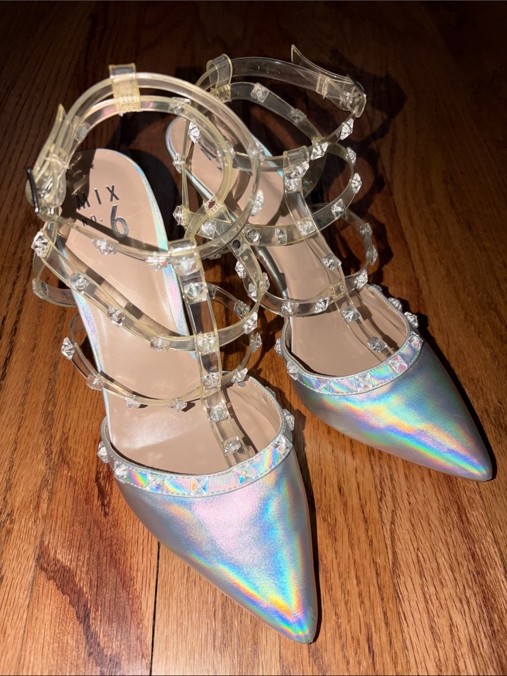 Mix No. 6 Iridescent Pointed Toe Heels with Clear Studded Straps